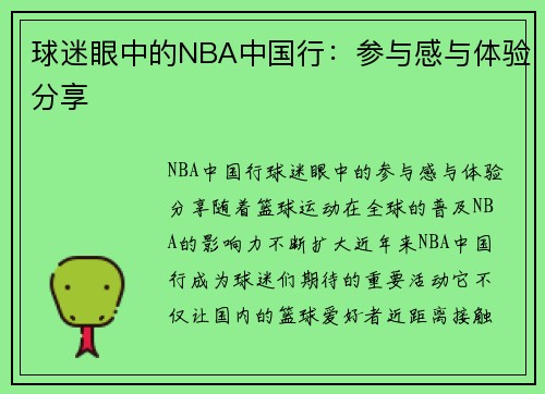 球迷眼中的NBA中国行：参与感与体验分享