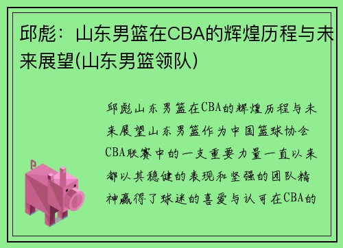 邱彪：山东男篮在CBA的辉煌历程与未来展望(山东男篮领队)
