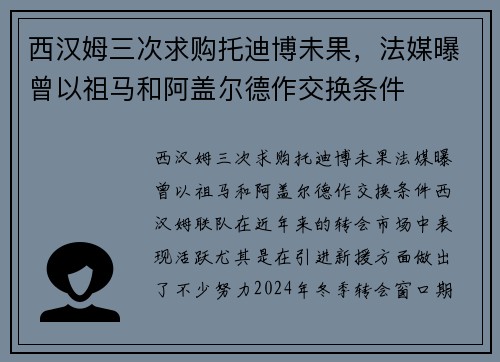 西汉姆三次求购托迪博未果，法媒曝曾以祖马和阿盖尔德作交换条件