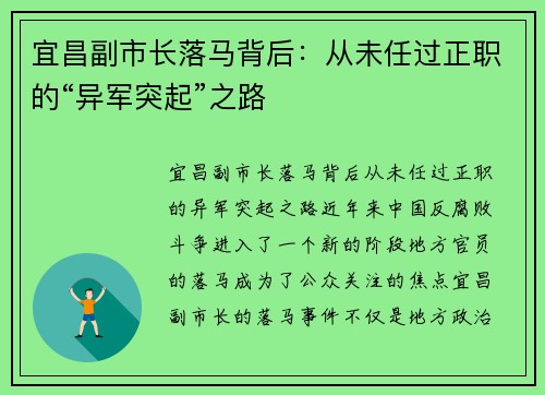 宜昌副市长落马背后：从未任过正职的“异军突起”之路