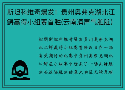 斯坦科维奇爆发！贵州奥弗克湖北江鲟赢得小组赛首胜(云南滇声气脏脏)
