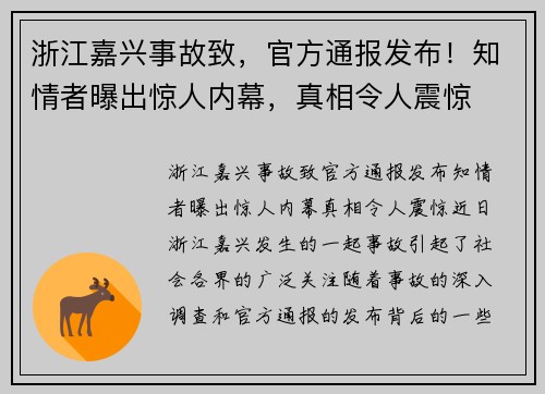 浙江嘉兴事故致，官方通报发布！知情者曝出惊人内幕，真相令人震惊