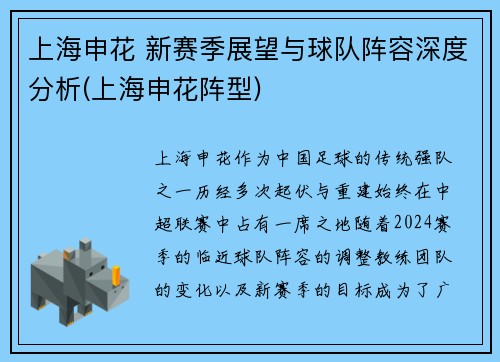 上海申花 新赛季展望与球队阵容深度分析(上海申花阵型)