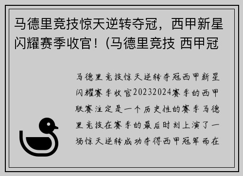 马德里竞技惊天逆转夺冠，西甲新星闪耀赛季收官！(马德里竞技 西甲冠军)