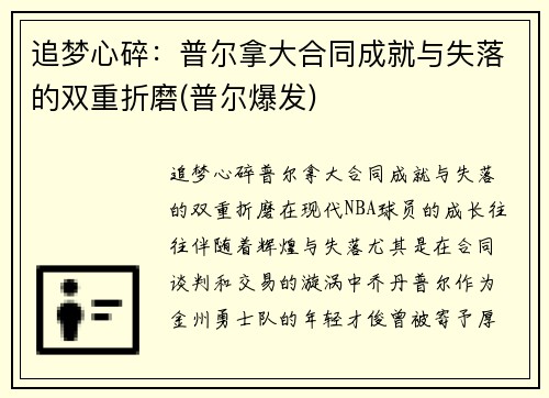 追梦心碎：普尔拿大合同成就与失落的双重折磨(普尔爆发)