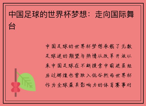 中国足球的世界杯梦想：走向国际舞台