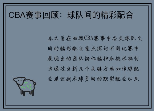CBA赛事回顾：球队间的精彩配合