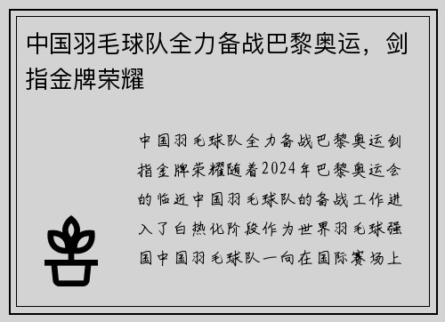 中国羽毛球队全力备战巴黎奥运，剑指金牌荣耀